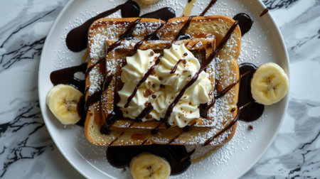 Top view of honey toast with vanilla ice cream, chocolate drizzle, banana slices, whipped cream on marble tableの素材