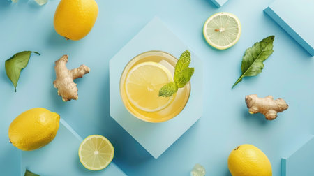 Trendy blue setting with glass of antioxidant ginger lemon honey drink, balanced on minimalist podium, top viewの素材