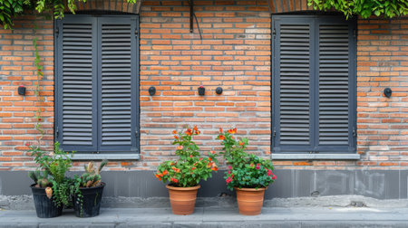 Brick wall facade with two closed gray shutters, flowerpots, concrete sidewalk and street, background with ample copy spaceの素材
