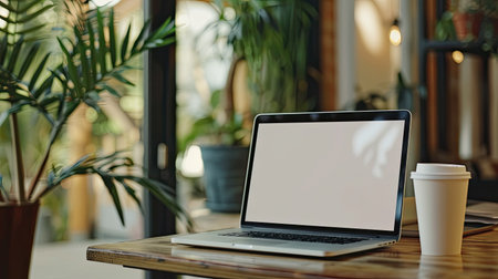 Blank screen laptop, paper coffee cup, houseplant on wooden table, close-up shot, serene workspaceの素材
