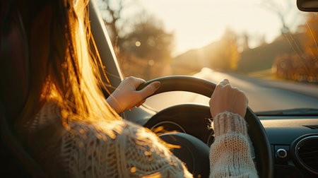 Close-up of female driver hands on wheel, view from the back seat to the road, clear weatherの素材