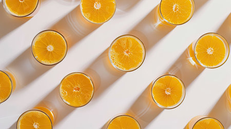 Isolated glass of fresh orange juice on a white surface, creating a seamless patternの素材