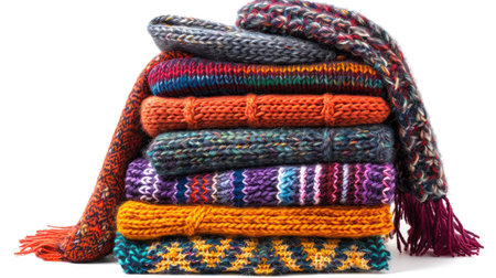 Neatly folded stack of vibrant knitted women sweaters, scarves, and autumn clothing on white backgroundの素材