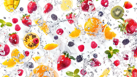 Fresh fruits falling with dynamic water splash, creating a seamless pattern on a plain white backgroundの素材
