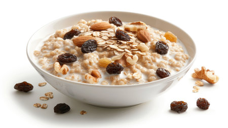 Creamy oatmeal with nuts and raisins, served with milk, isolated on a white backdropの素材