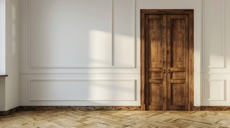Room with wooden dressing closet and front doorway, white wall with ample copy space for promotional text or advertisementの素材