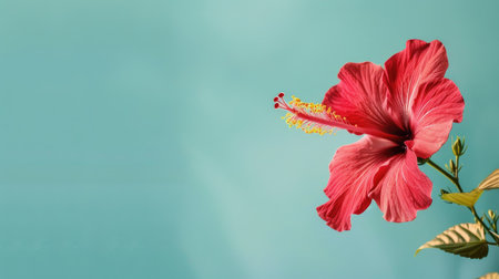 Red hibiscus flower macro, yellow pollen, green background, side view, space for text or adsの素材