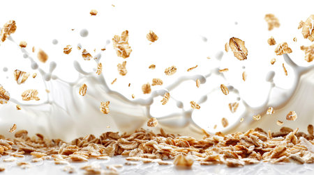 Falling muesli with milk splash, isolated and forming a seamless pattern on a white backdropの素材