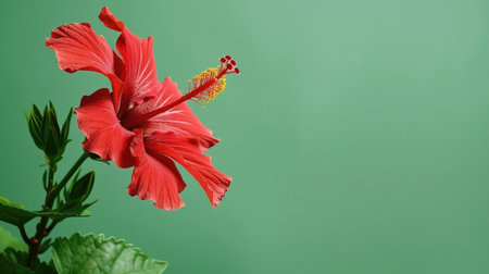 Red hibiscus flower macro, yellow pollen, green background, side view, space for text or adsの素材