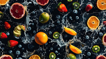 Dynamic fruits and water splash in mid-air, creating a seamless pattern on an isolated backgroundの素材