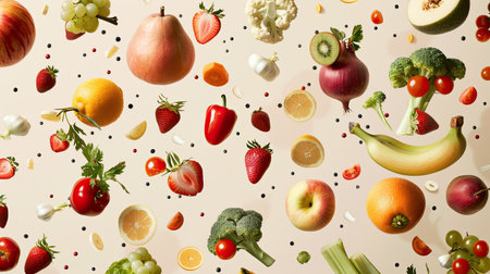 Fresh fruits and vegetables suspended in mid-air, arranged in a seamless pattern on a plain backgroundの素材
