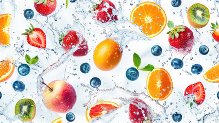 Fresh fruits cascading with water splash, forming a seamless pattern on a plain backdropの素材