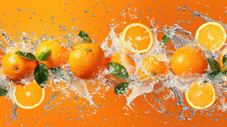 Dynamic water splashes on fresh oranges and leaves, forming a seamless pattern on an orange backgroundの素材