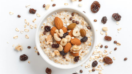 Bowl of oatmeal with milk, nuts, and raisins, set on a white backgroundの素材