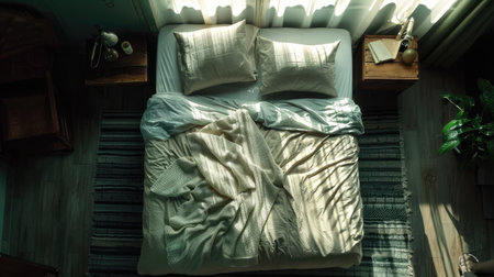 Aerial view of a bed with an unmade pillow and blanket. Perfect for showing a casual, untidy bedroom look.の素材