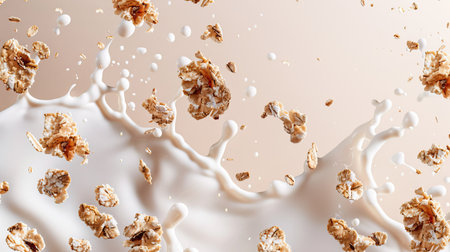 Muesli pieces and milk splash in mid-air, arranged in a seamless pattern against a neutral backgroundの素材