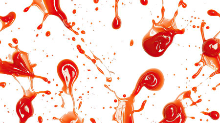 Tomato ketchup splash suspended in air, arranged in a seamless pattern on a white backgroundの素材