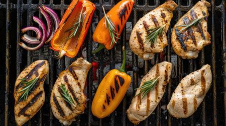 Aerial view of chicken breast and a variety of vegetables grilling on the BBQ. Perfect for highlighting delicious outdoor meals.の素材