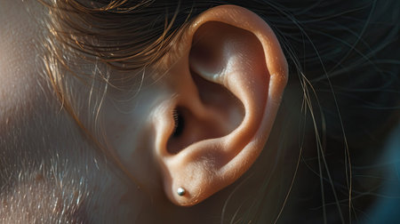 A close-up shot of a female ear, showcasing its natural details and contours. Ideal for beauty, hearing health, and personal care content.の素材