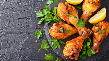 Aerial view of fried chicken legs with fresh lemon and parsley, highlighting a savory and appetizing dish. Great for food content.の素材