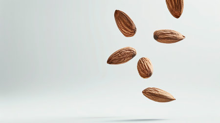 Almond nuts in mid-air, isolated on white. Capturing the motion of falling almonds for food and health imagery.の素材