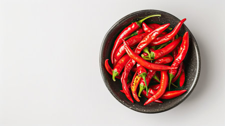 Ceramic bowl containing red hot chili pepper slices, seen from above with a clean white background. Ideal for culinary and spice content.の素材