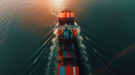 Aerial shot of a cargo ship loaded with containers at a busy sea port. Perfect for logistics and international shipping themes.の素材