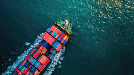 Aerial perspective of a cargo ship with containers at a major sea port, highlighting global shipping and logistics services.の素材