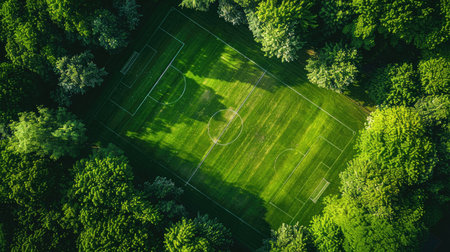 Bright green lawn seen from above, perfect for sports fields, garden designs, or as a green backdrop.の素材