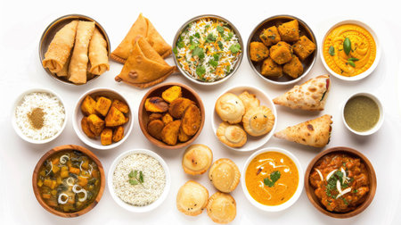 Aerial view of various Desi foods including curry, samosa, rolls, pani puri, and pakora isolated on white. Great for Iftar food imageryの素材