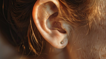 Close-up view of a female ear, focusing on its natural shape and texture. Perfect for beauty, hearing aids, and personal care visuals.の素材