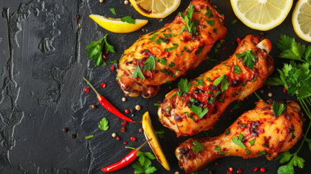 Aerial shot of golden fried chicken legs with lemon slices and parsley. Ideal for showcasing a delicious and well-presented meal.の素材