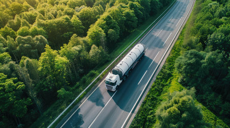 Aerial shot of a gasoline tank truck driving on a highway through a scenic green forest. Great for showcasing transport routes.の素材