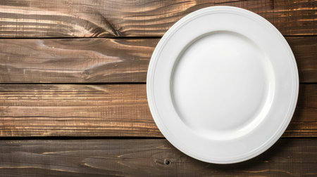 Plain white plate on a wooden background, top view. Great for food presentation or text overlay.の素材