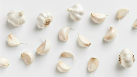 Garlic cloves isolated on a white background, top view. Great for food styling and ingredient-focused visuals.の素材