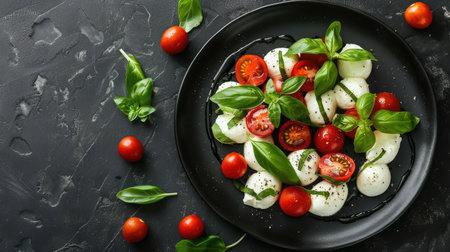 Top view of a black plate with mozzarella, basil, and cherry tomatoes, offering ample copy space for food-related content.の素材