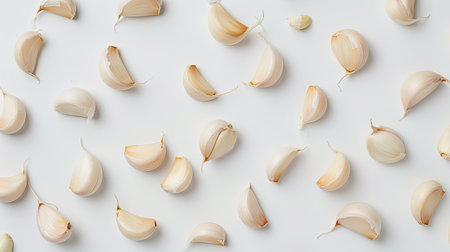 Flat lay of garlic cloves on a clean white surface. Ideal for food styling and ingredient-focused imagery.の素材