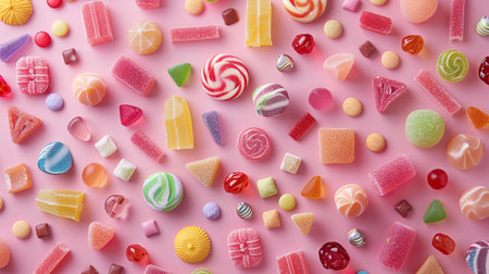 Flat lay of a colorful assortment of candies with various shapes and hues. Ideal for sweet and dessert-themed photography.の素材