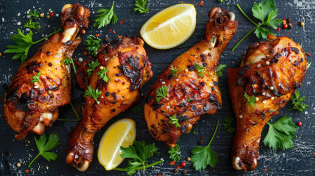 Flat lay of crispy fried chicken legs served with lemon and parsley, ideal for food photography and meal presentation.の素材