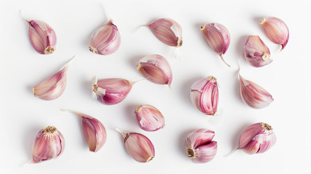 Isolated garlic cloves on a white backdrop, seen from above. Perfect for use in food-related graphics and content.の素材