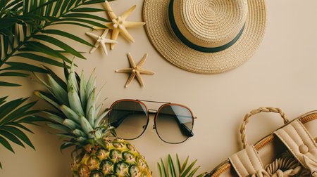 Flat lay of summer essentials including a straw hat, pineapple, sunglasses, woven bag, palm leaf, and starfish on a serene beige backdrop.の素材