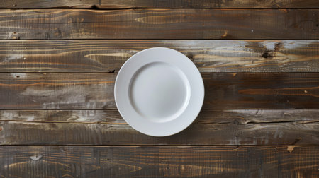 Top view of a pristine white plate on a natural wooden surface, perfect for showcasing dishes or adding text.の素材