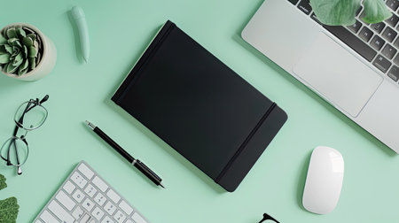 Top view of an office setup featuring a keyboard, mouse, and open black notebook on a pastel green surface. Ideal for copy space and mockups.の素材