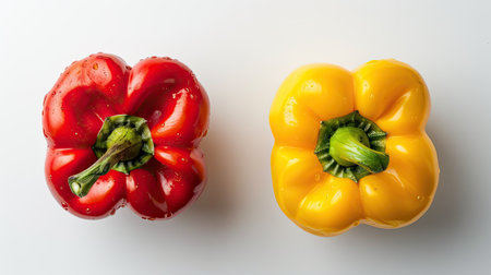 Top-down view of red and yellow bell peppers isolated on white. Great for showcasing colorful and fresh vegetables.の素材
