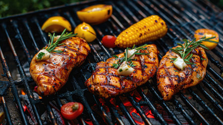 Top view of chicken breast with fresh vegetables on the barbecue grill, sizzling and ready for serving. Ideal for grilling and summer recipes.の素材
