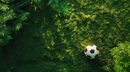Top-down view of a soccer ball on lush green grass, highlighting well-groomed garden turf. Ideal for sports and outdoor visuals.の素材
