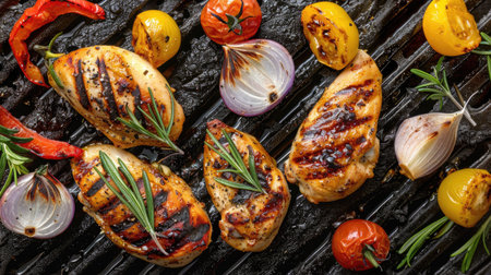 Top view of chicken breast with fresh vegetables on the barbecue grill, sizzling and ready for serving. Ideal for grilling and summer recipes.の素材