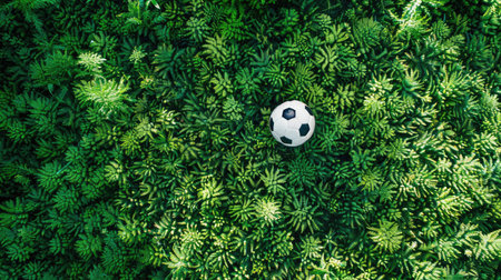Top-down view of a soccer ball on lush green grass, highlighting well-groomed garden turf. Ideal for sports and outdoor visuals.の素材