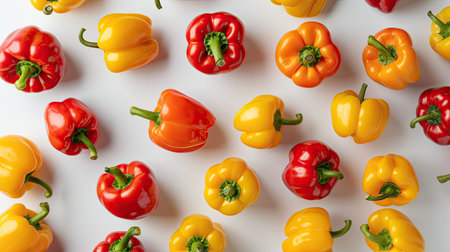 Top view of red and yellow sweet bell peppers on a white background. Flat lay perfect for vibrant food and ingredient shots.の素材