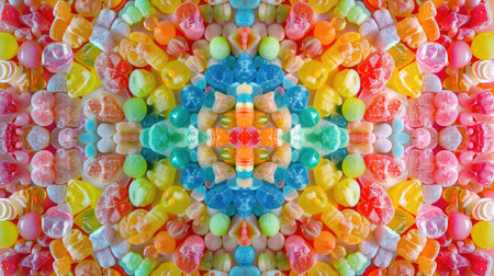 Top-down view of a kaleidoscope of colorful candies arranged in a vibrant, sugary background. Perfect for candy and dessert imagery.の素材